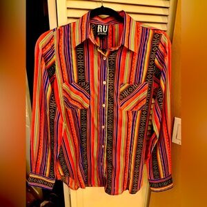 R U Apparel Western Wear Pink & Orange Striped Collared Long Sleeve Shirt Size M
